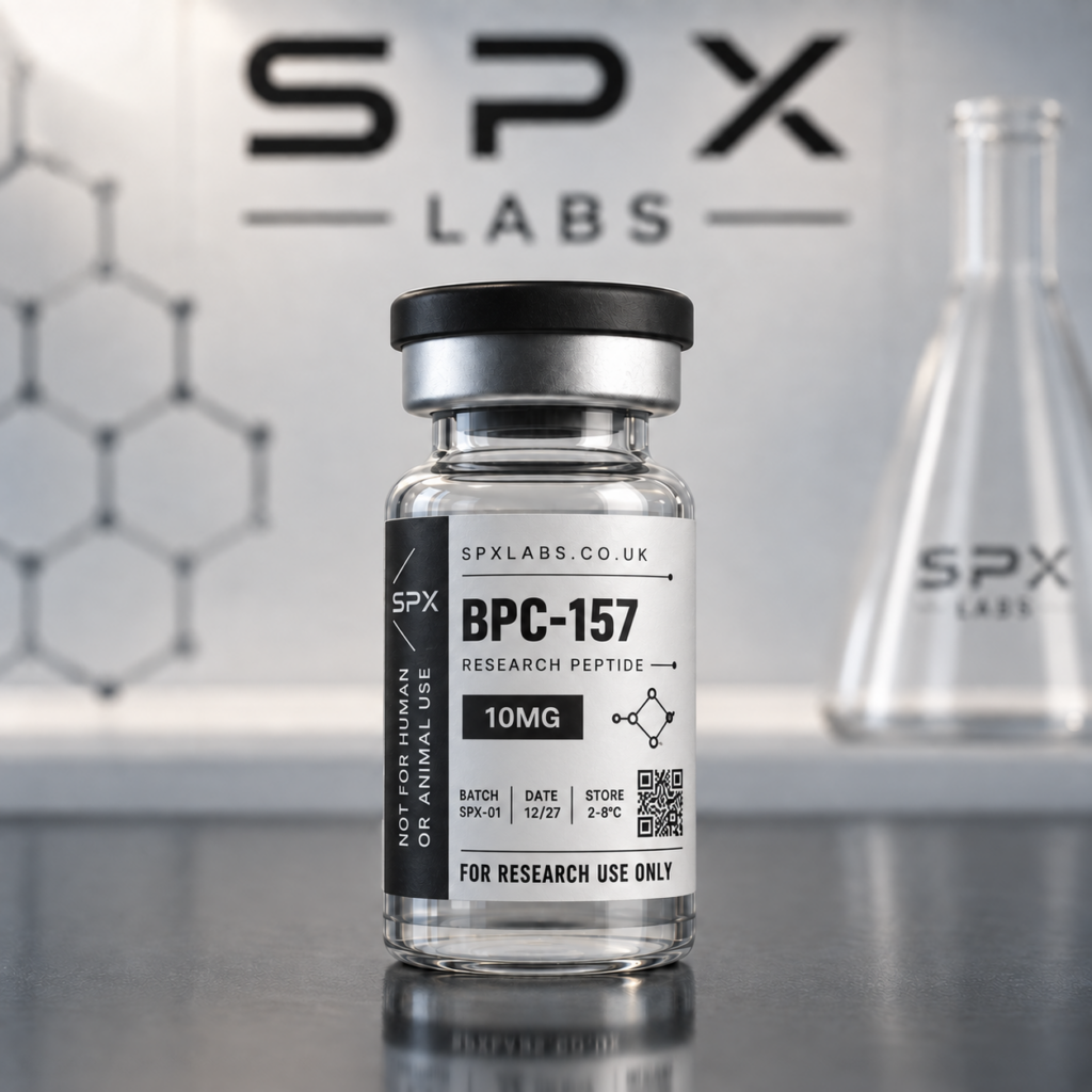 SPX Labs BPC-157 10mg research peptide vial with black and white label