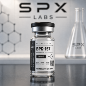 SPX Labs BPC-157 10mg research peptide vial with black and white label