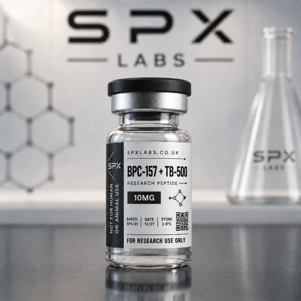 SPX Labs BPC-157 and TB-500 10mg research blend vial with black and white label