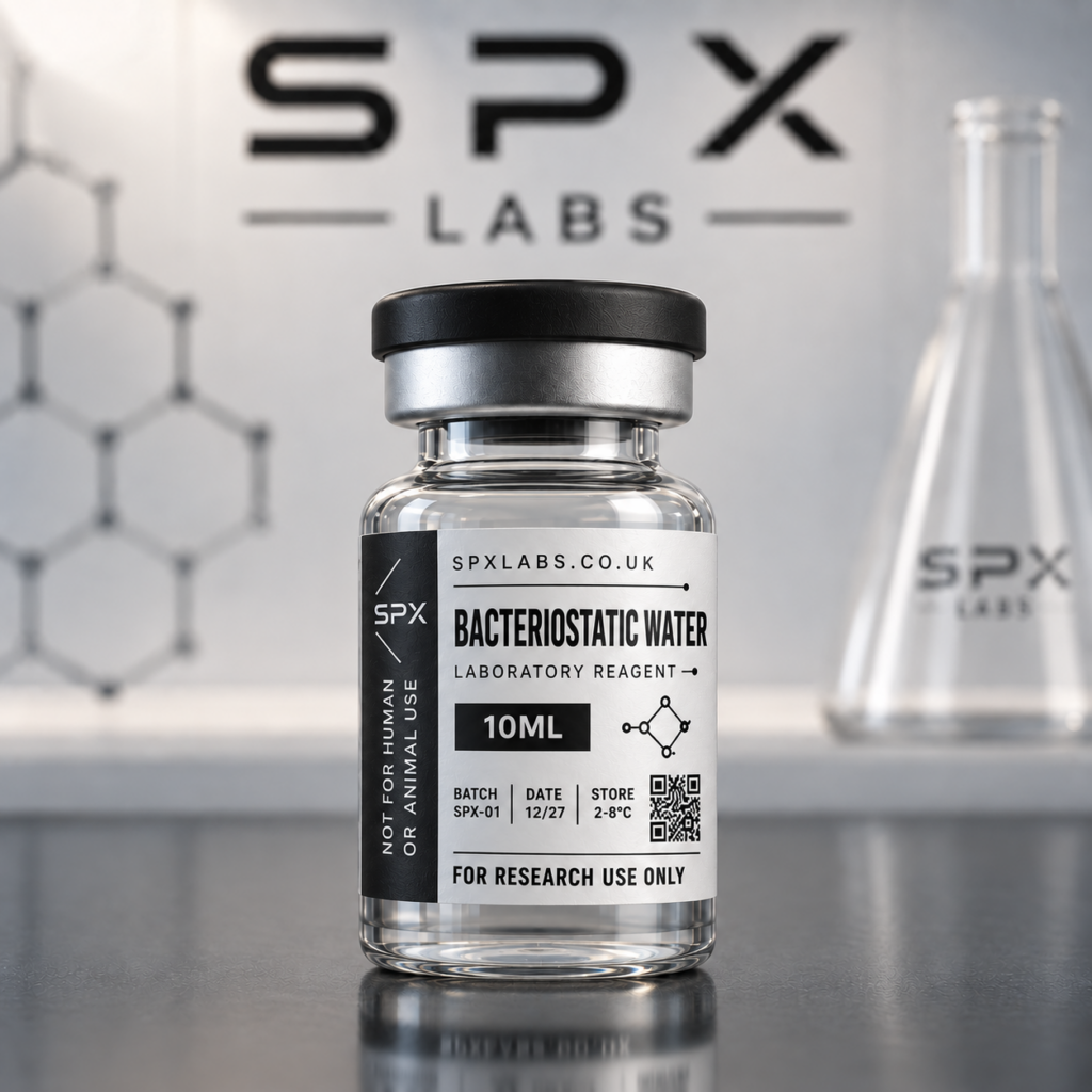 SPX Labs Bacteriostatic water 0.9% benzyl alcohol 10ml vial with black and white research label