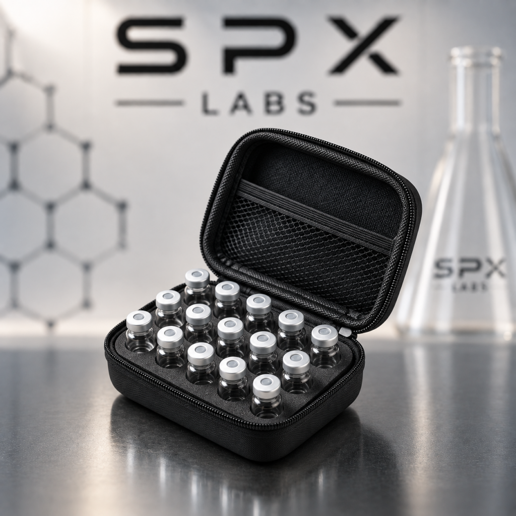 Open black 15-slot SPX Labs research vial storage case on a laboratory tabletop