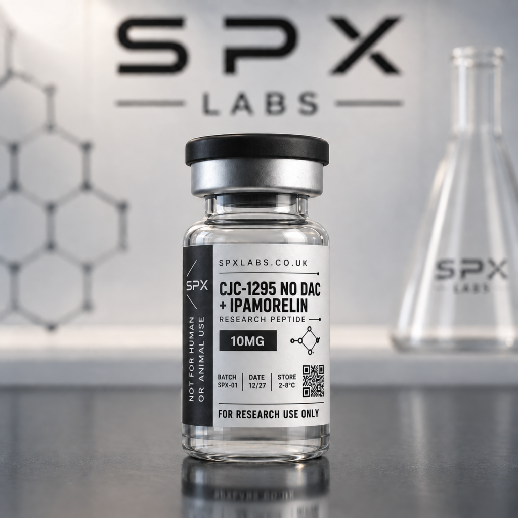 SPX Labs CJC-1295 No DAC and Ipamorelin research blend 10mg vial with black and white label