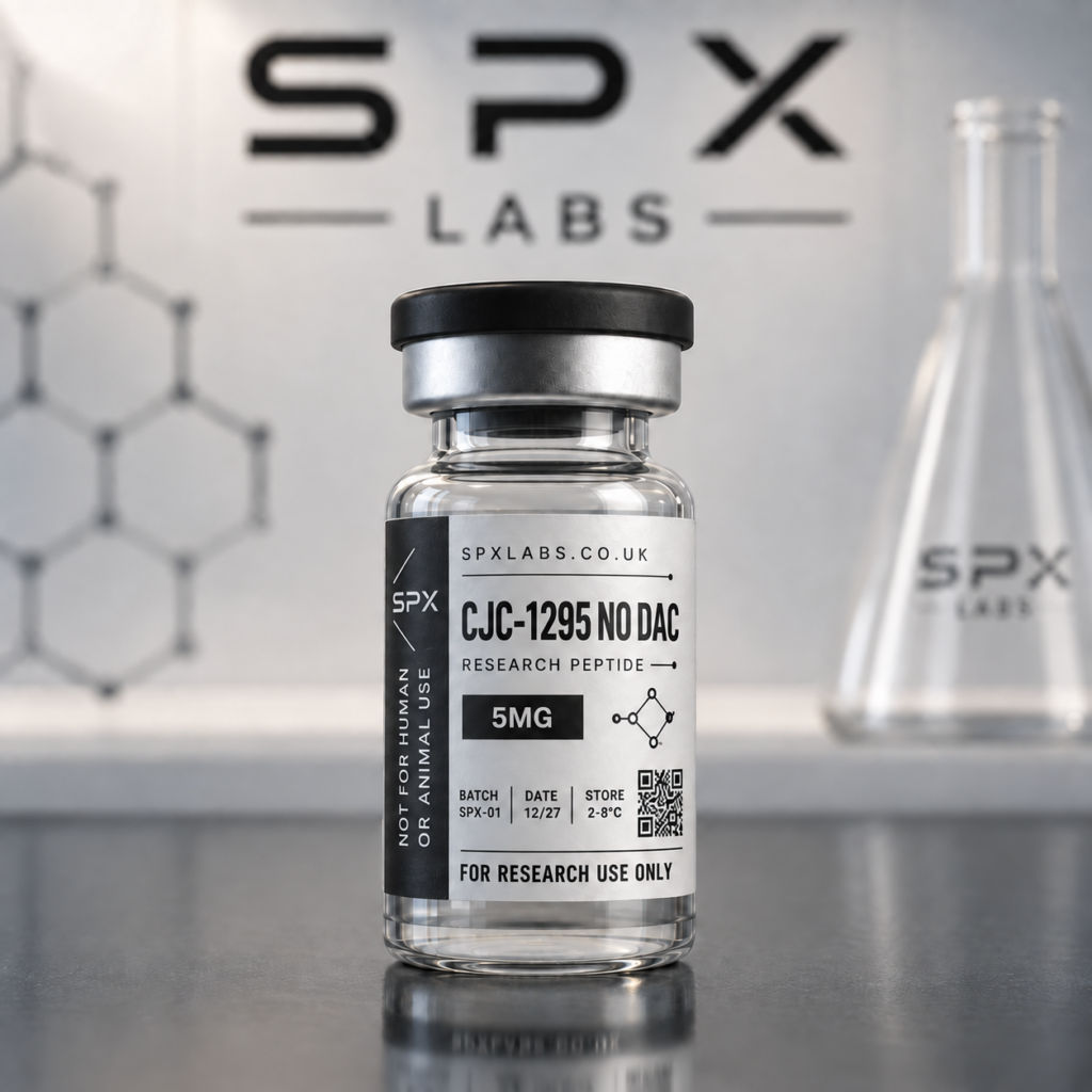 SPX Labs CJC-1295 No DAC 5mg research peptide vial with black and white label