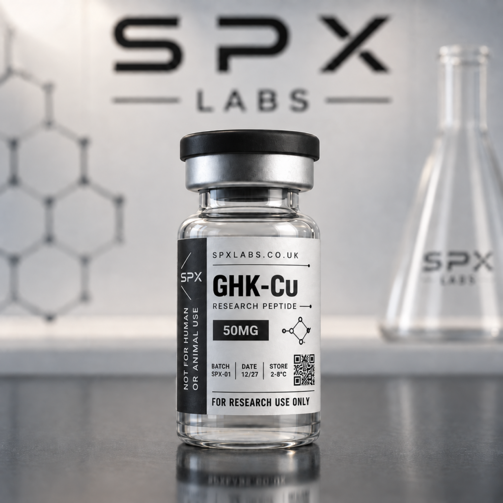SPX Labs GHK-Cu research peptide 50mg vial with black and white research label