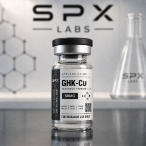 SPX Labs GHK-Cu research peptide 50mg vial with black and white research label