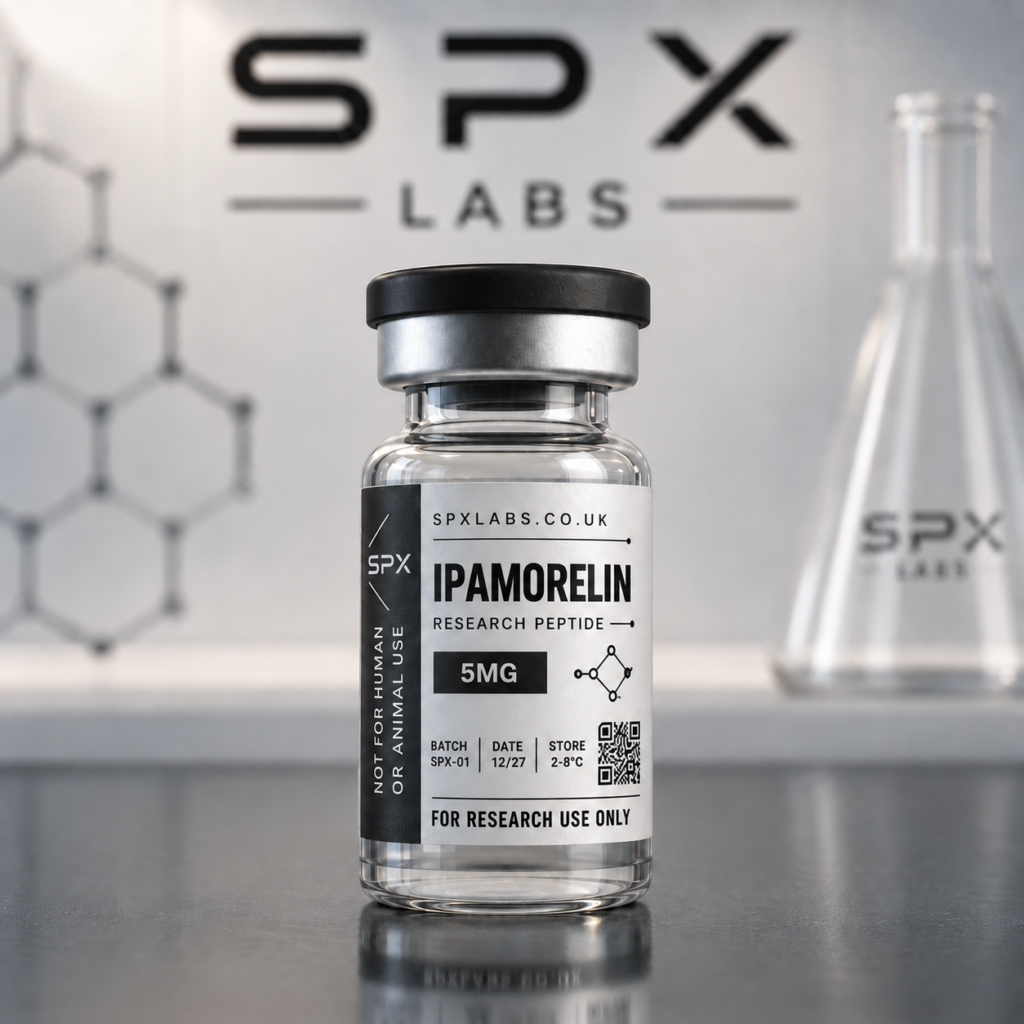 SPX Labs Ipamorelin research peptide 5mg vial with black and white research label