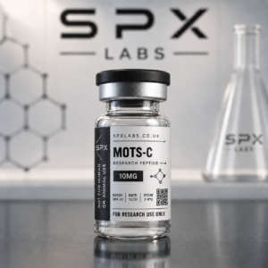 SPX Labs MOTS-C research peptide 10mg vial with black and white research label