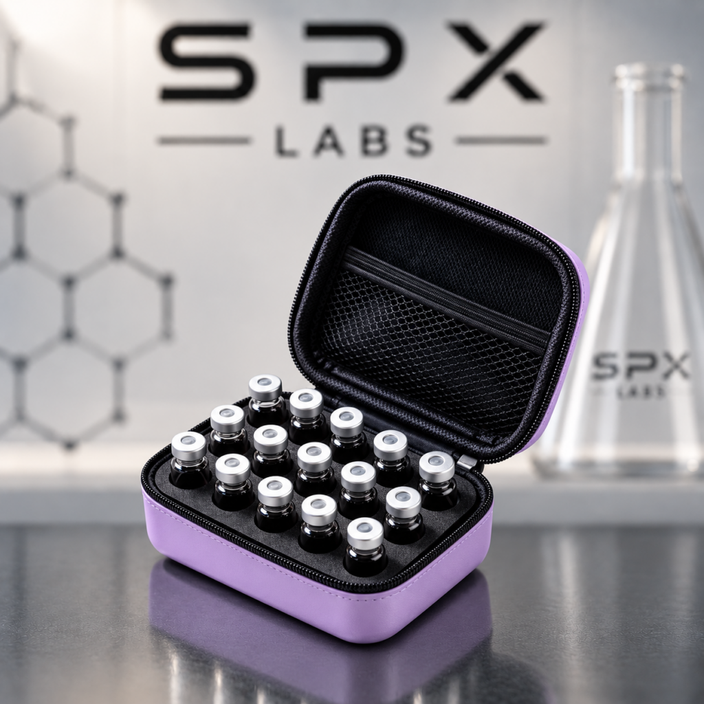 Open purple 15-slot SPX Labs research vial storage case on a laboratory tabletop
