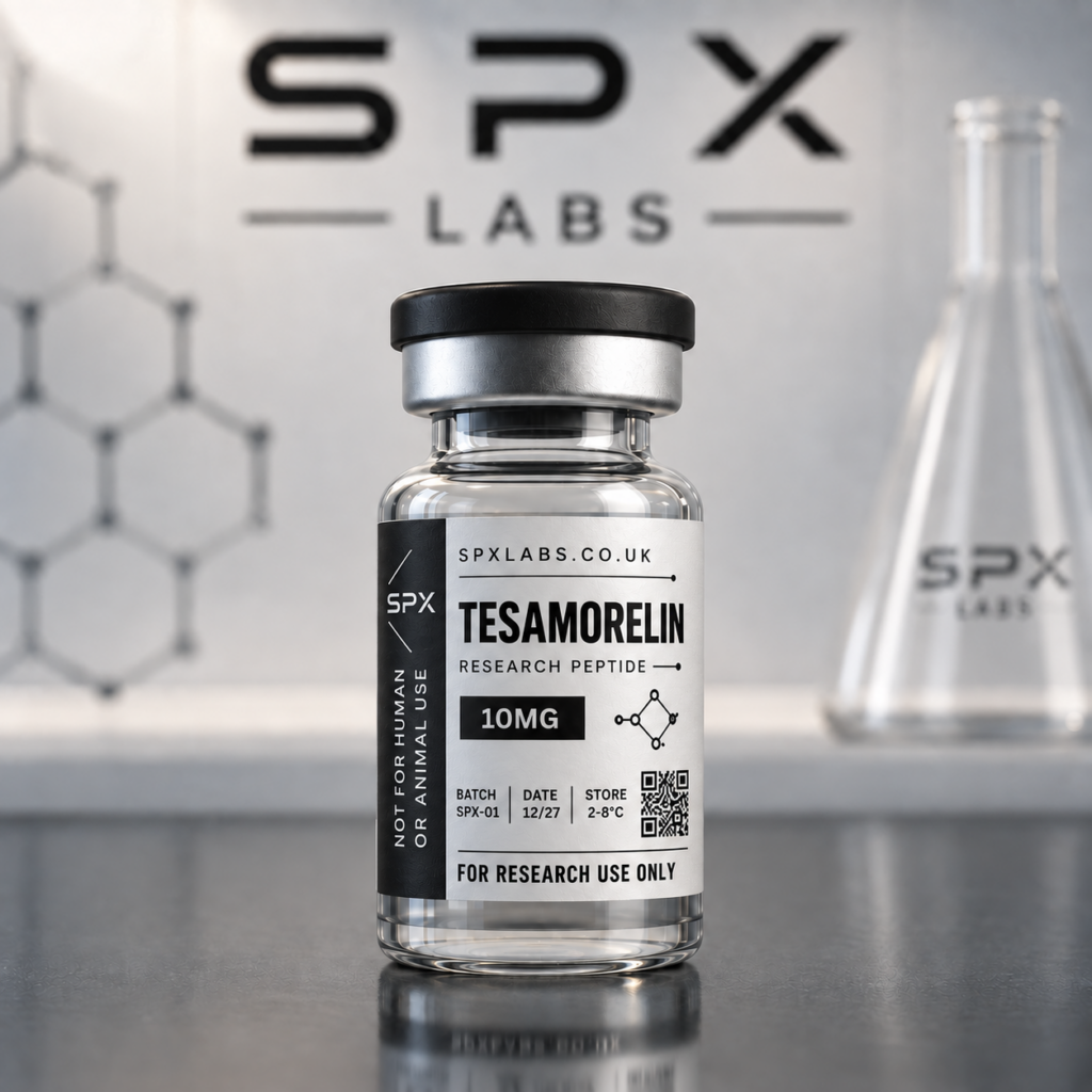SPX Labs Tesamorelin research peptide 10mg vial with black and white research label