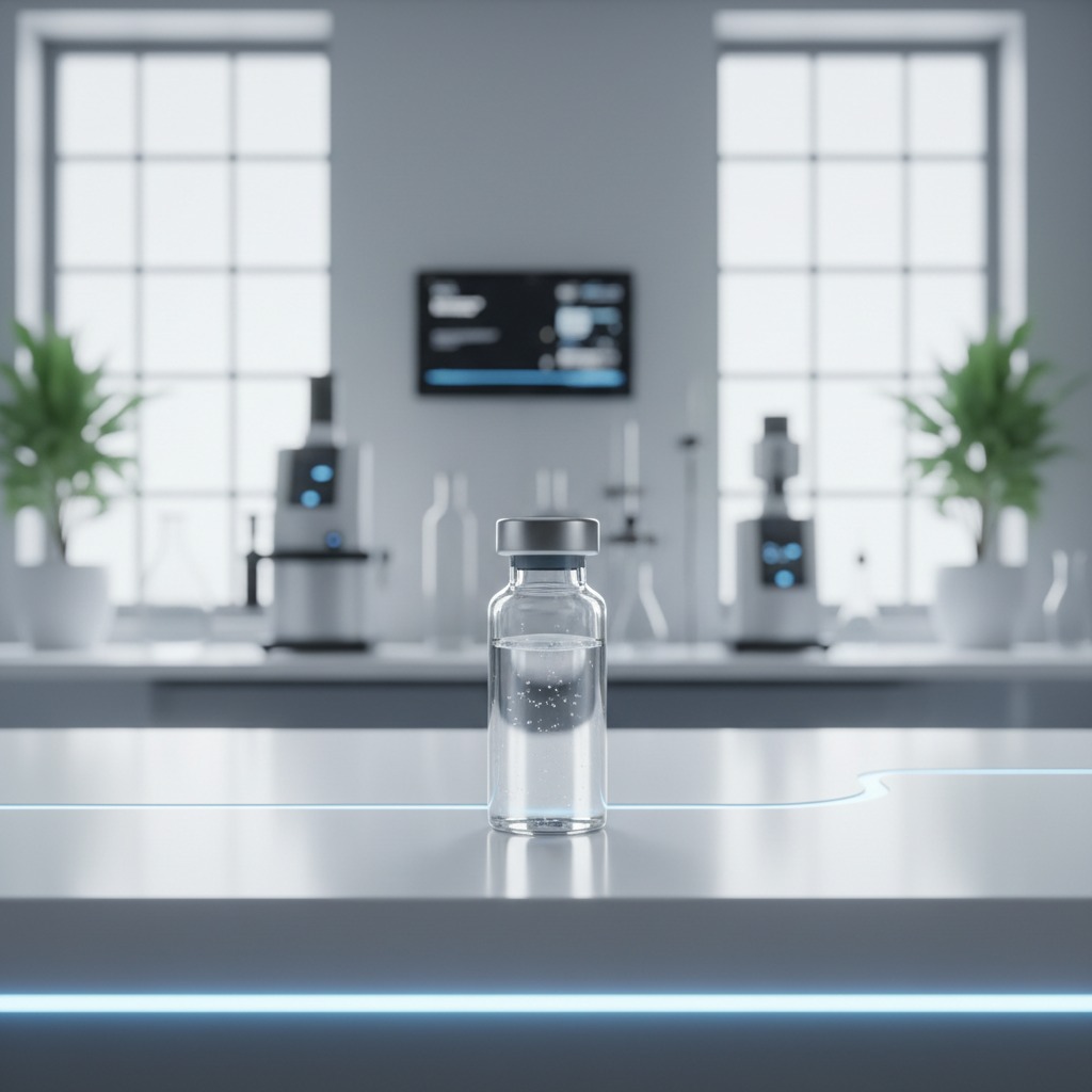 A glass medical vial containing clear liquid sits on a laboratory counter in front of blurred scientific equipment.