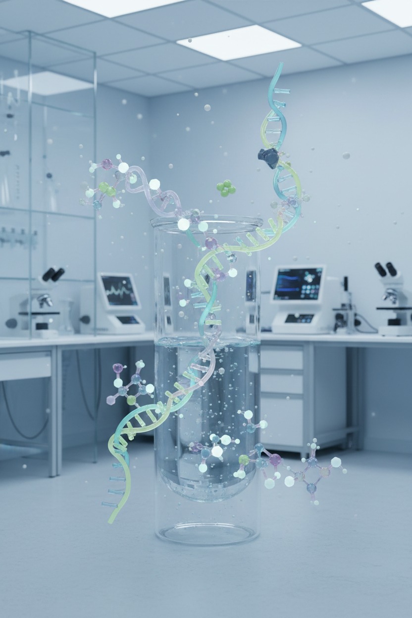 A glass test tube filled with liquid stands in a laboratory, surrounded by floating 3D models of DNA strands and molecular structures.