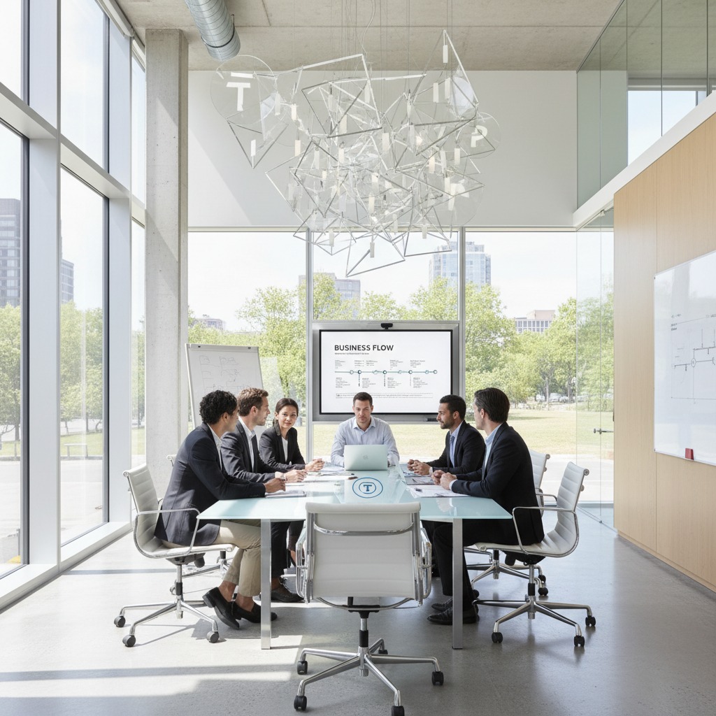 A diverse group of professionals in business attire sits around a conference table in a modern, sunlit office with a large digital display showing a business flow chart.