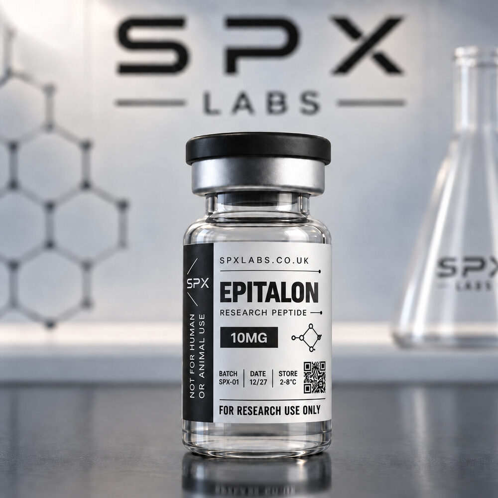 SPX Labs Epitalon 10mg research peptide vial with black and white research label