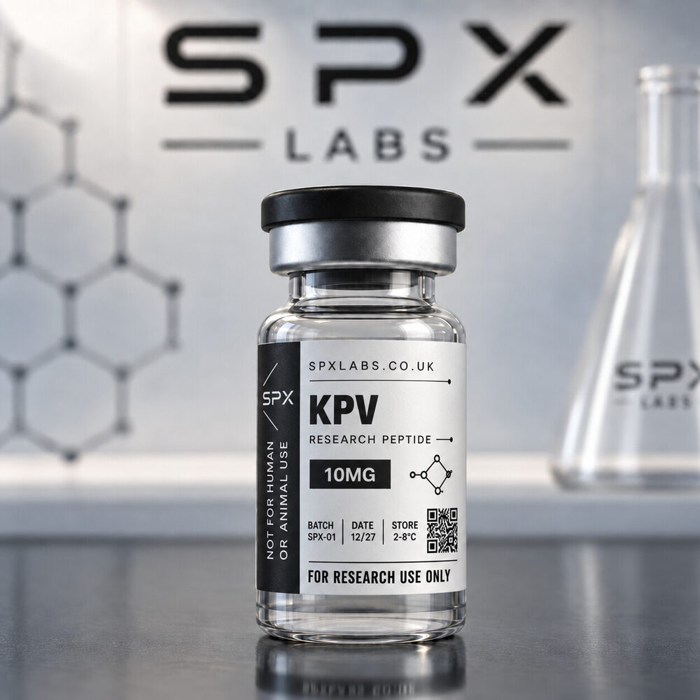 SPX Labs KPV 10mg research peptide vial with black and white research label